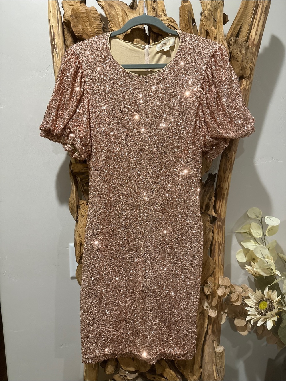 Listicle Rose Gold Sequin Puff Sleeve Dress